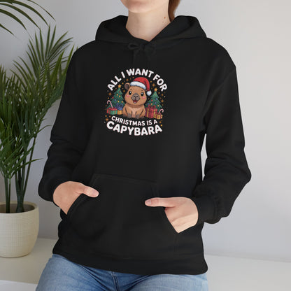 Capybara Christmas Hoodie — "All I Want for Christmas is a Capybara" Cute Holiday Hoodie