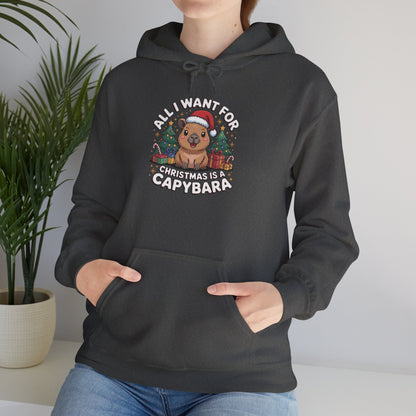 Capybara Christmas Hoodie — "All I Want for Christmas is a Capybara" Cute Holiday Hoodie
